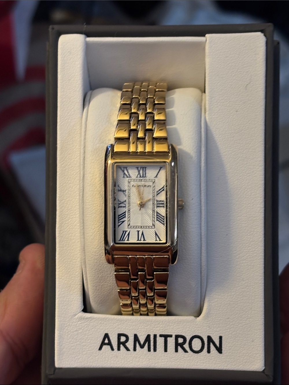Armitron Gold Tone Rectangular Bracelet Watch with White Dial and Roman Numerals